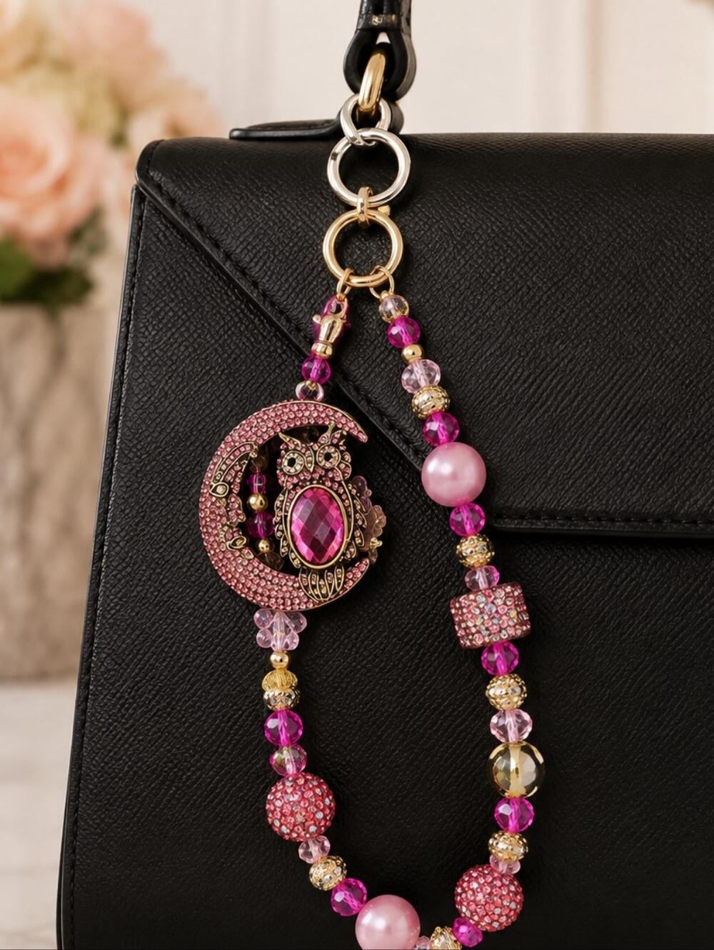 Pink Rhinestone Owl Crescent Moon Beaded Purse Charm Keychain